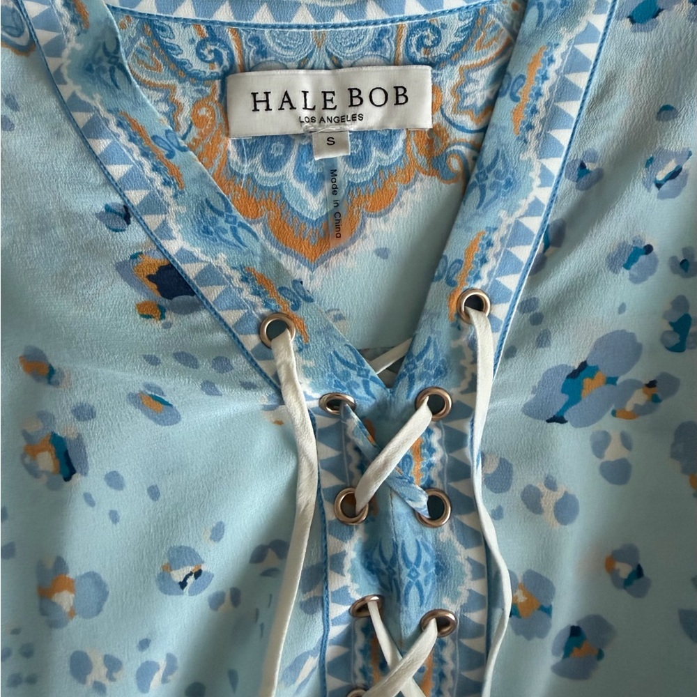 Hale Bob Light Blue Tie-Front Bohemian-inspired prints,  100% Silk Blouse SZ S - Picture 3 of 8
